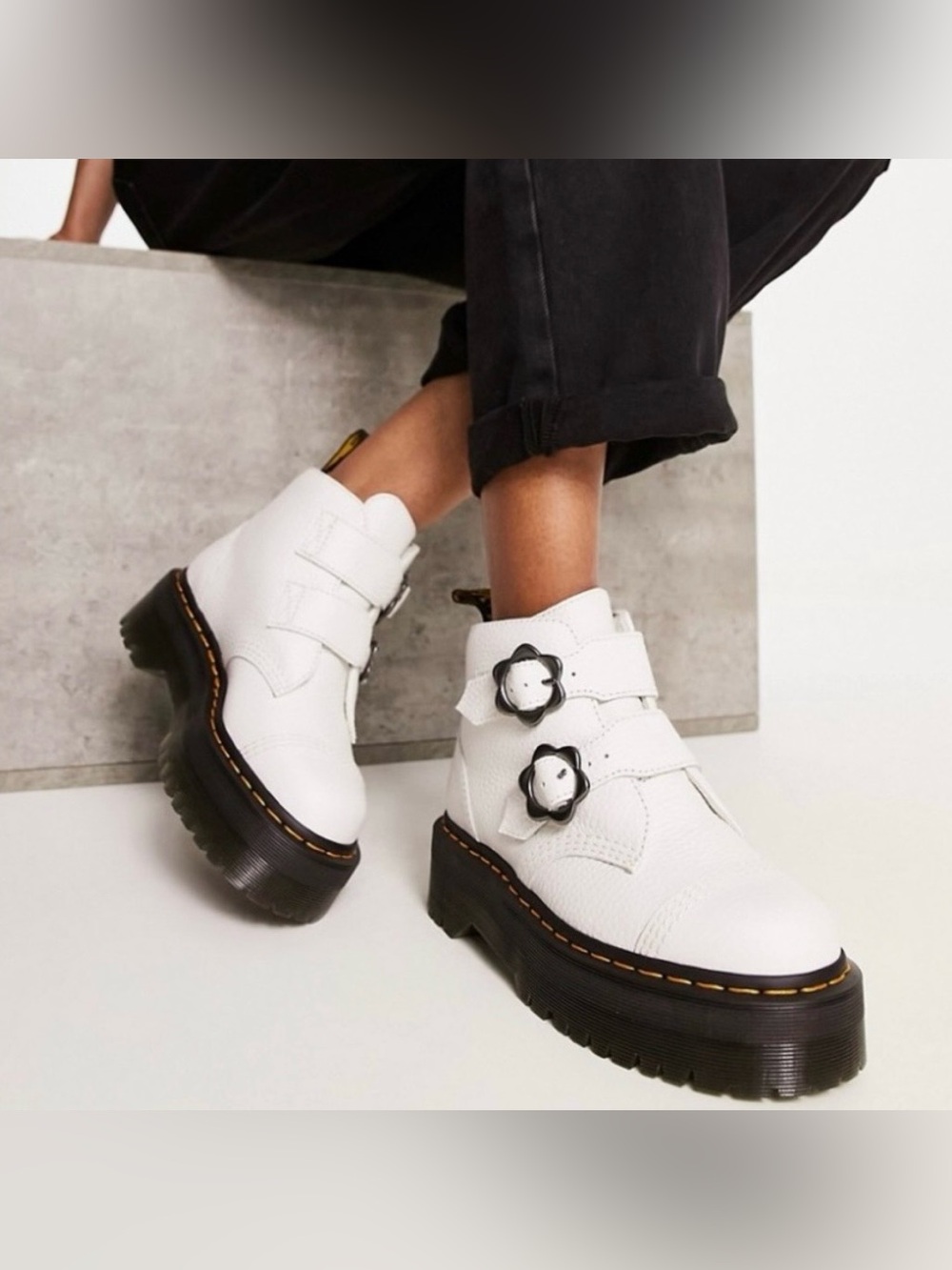 Devon Flower Leather Platform Boots White
